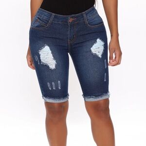Fashion Nova Dark Blue Distressed Jean Shorts